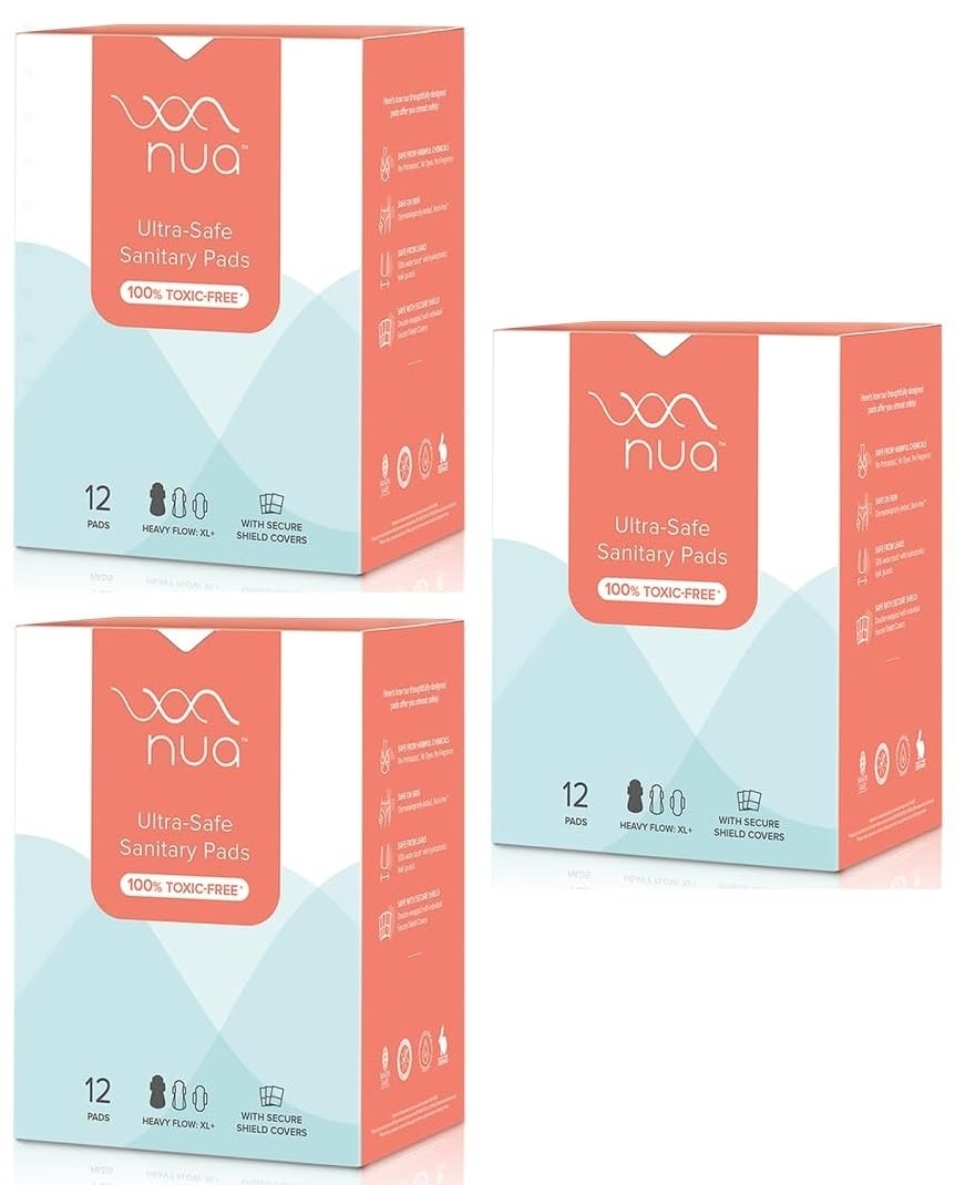 Nua Sanitary Pads For Women | Safe on Skin | Toxic-Free & Rash-Free | Unscented | 12 Ultra Thin Pads | Heavy Flow-XL+| 50% Wider Back| Leakproof | With 12 Paper Disposal Pouches| Made Safe x Pack of 3