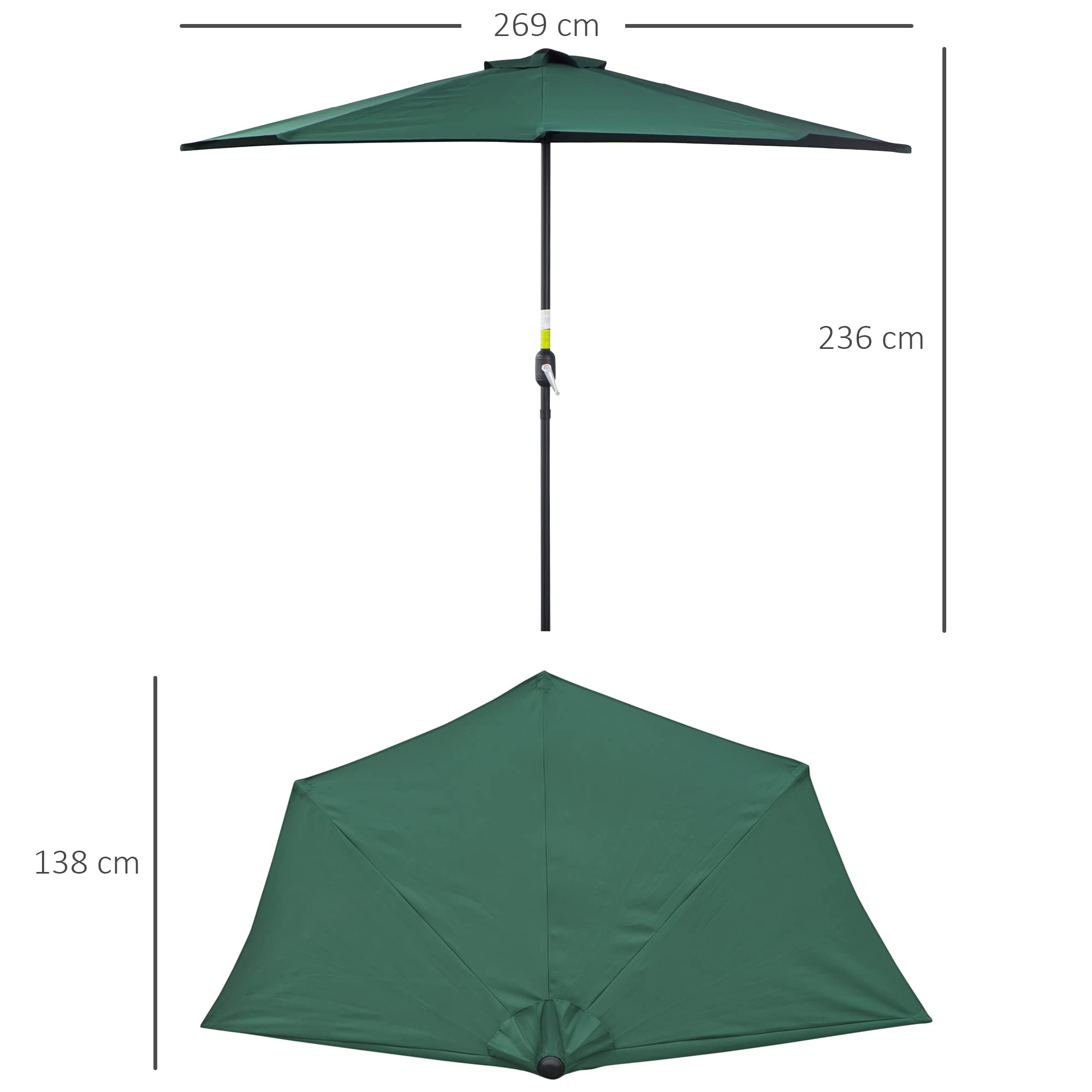 Outsunny Ombrellone Mezzaluna da Parete e Muro 2.7 x 1.4 m per Patio e Balcone, Ombrellone da Giardino in Poliestere con Apertura a Manovella e 5 Stecche, a Semicerchio con Palo a 2 Sezioni