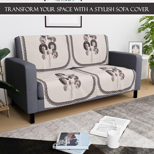Image of Kuber Industries Set of 4 Velvet 2 Seater Sofa Covers for Living Room | Easy Machine Washable Sofe ke cover for Home Comfort | Digital Flower-Cream & Green