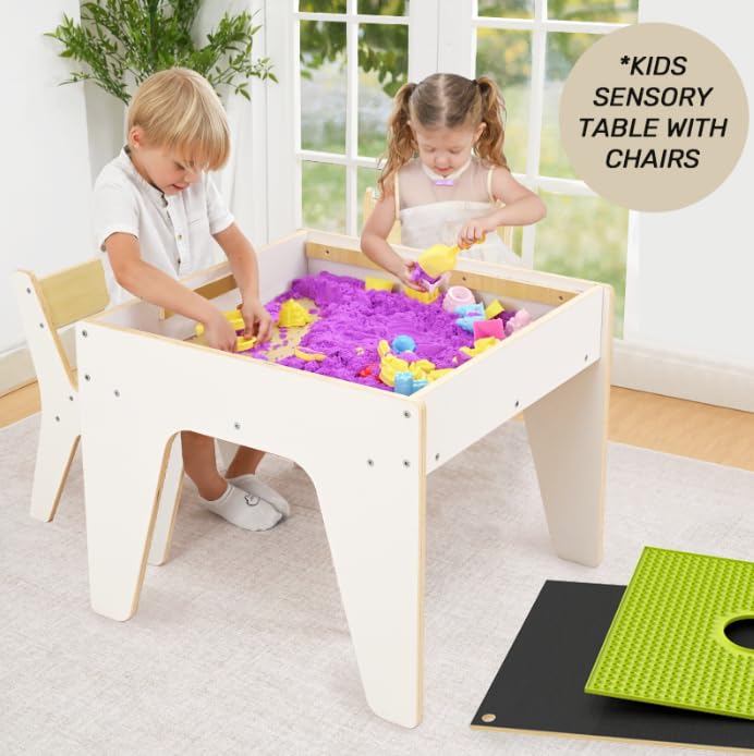 Juego de mesa y sillas para niños pequeños 4 en 1, mesas de juego para niños con almacenamiento, mesas sensoriales de madera con placa base de bloqueo de doble cara, mesa de actividades para 9
