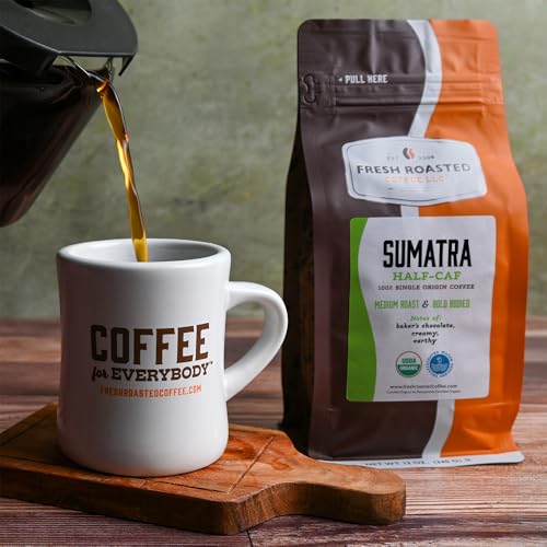 Image of Fresh Roasted Coffee, Organic Sumatra Water-Processed Half-Caf Drip Ground Coffee, Medium Roast, USDA Organic, 100% Single Origin, Kosher, 12 oz