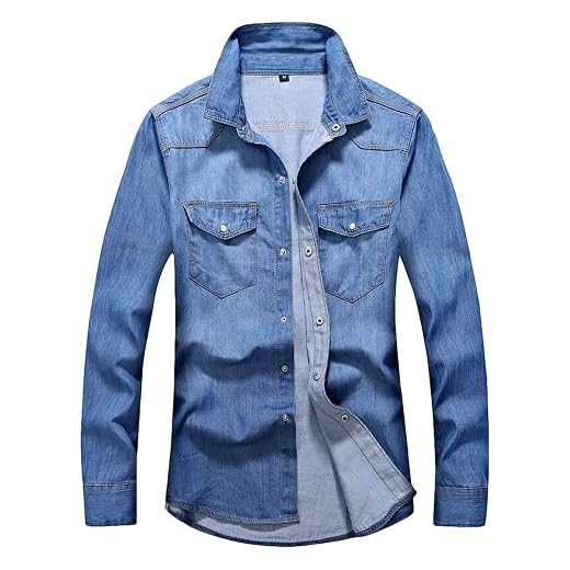 ABUCIYO Lavado de pantalones vaqueros camisas de manga larga camisa de los hombres Denim Wear chaqueta de los hombres Ropa de vaquero (azul claro, XL)