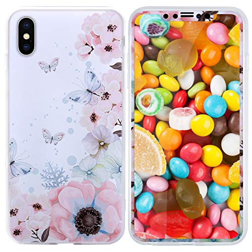 beautyshow Funda compatible con iPhone XS con protector de pantalla de vidrio templado, funda de silicona con estampado floral protección completa para Apple iPhone XS 5.8"