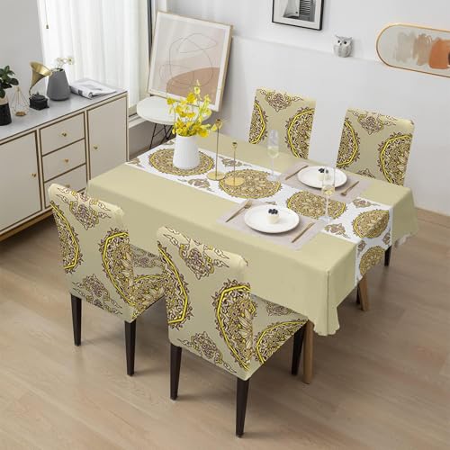 Image of Amazon Basics Dining Table Cover with 6 Chair Covers|Table Cover: 100% Polyester Woven Fabric 140 GSM, 220Cm X 140Cm|Chair Cover: 95% Polyester & 5% Spandex 110 GSM, 50Cm X 40Cm|Beige, Rectangular
