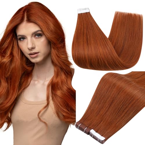 Image of Full Shine Tape Extensions Human Hair Remy Tape in Extensions Color 550 Orange Red Adhesive Seamless Skin Weft Long Extension Add Length 18Inch 50Gram Natural Brazilian for Women 20Pcs