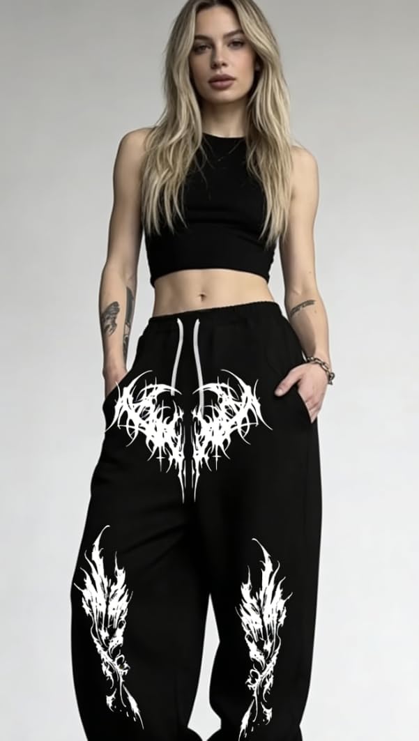 Unisex Y2k Gothic Dark Aesthetic Tribal Print Baggy Pants Edgy Streetwear for Urban Outfits Oversized Wide Leg Pants