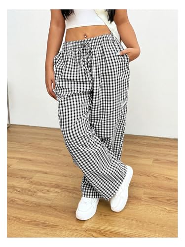 Floerns Women's Plus Size Drawstring Waist Gingham Plaid Baggy Wide Leg Pants4