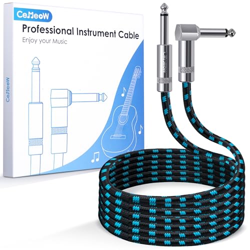 CeMeow Guitar Cable 6ft Right Angle Guitar Amp Cord 1/4 Inch Instrument Cable with Braided Tweed and Anti-Kinking Design for Guitar Bass Amp, Black & Blue