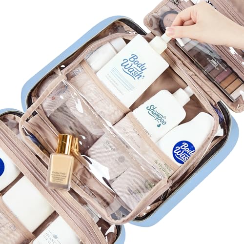 Image of NISHEL Travel Toiletry Bag for women, Portable Hanging Organizer for Full-Sized Shampoo, Conditioner, Brushes Set, Travel-Size Accessories, Placid-Blue, Large, Stylish