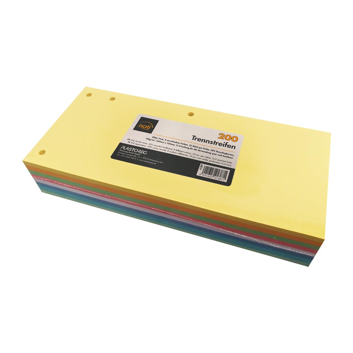200 pasków rozdzielających w 8 kolorach, 25 sztuk w każdym kolorze, 24 x 10,5 cm, perforowane, karton o gramaturze 180 g/m², z praktycznym, 4-krotnym dziurkowaniem do zszywania poprzecznie lub