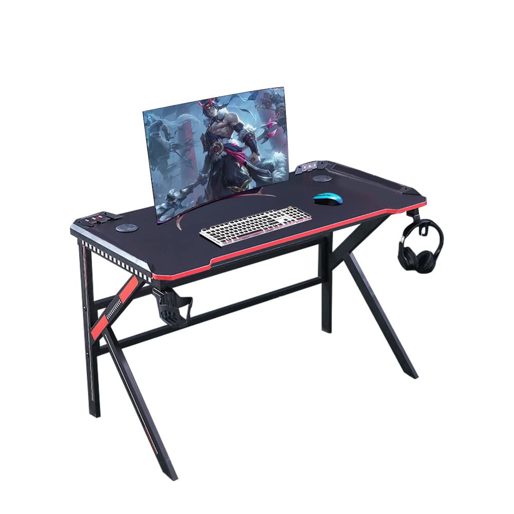 Gaming Desk Z Shaped Large PC Computer Desks Tables with cup holder and headset hook for E-Sport Racing Gamer Pro Home Office Gift E-Sports Carbon Fiber Table Black