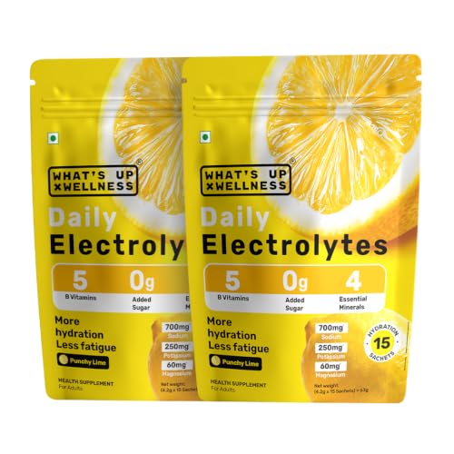 Image of What's Up Wellness Daily Electrolytes Powder - Punchy Lime Flavour | Zero Added Sugar | Instant Hydration - Sodium, Potassium, Magnesium & Zinc | Vegan - 30 Sachets | Pack of 2