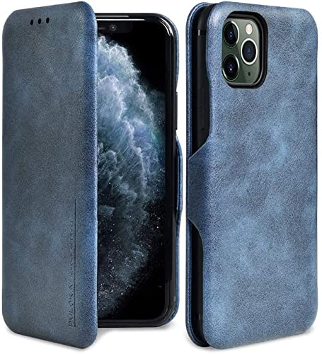 Image of PULOKA for iPhone 14 Pro - Sleek Flip Case - Premium Vegan Leather Phone Cover with Card Slot - Slim, Durable, Privacy Protection - Kickstand Function - Elegant Flip Wallet Cases for Apple - Blue