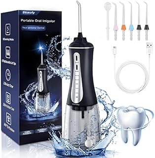 Skeufy Water Flossers for Teeth Cordless, Powerful Dental Water Flosser with 6 Jet Tips, Rechargeable Oral Irrigator, IPX7 Waterproof with 5 Modes, Portable 350ML Water Tank for Travel & Home Use