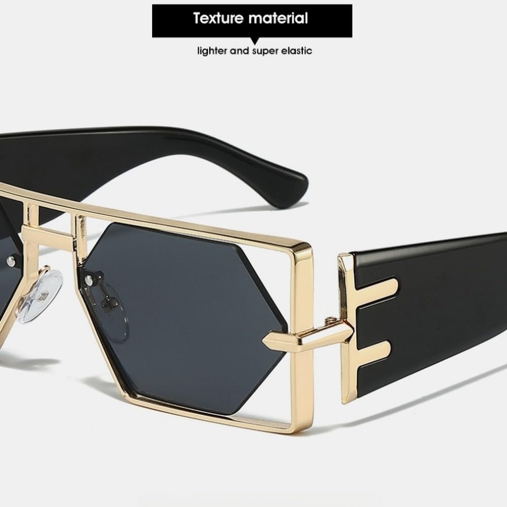 Okulary przeciwsłoneczne damskie w stylu vintage steampunk prostokątne, metalowe, puste soczewki heksagonalne, modne okulary przeciwsłoneczne z podwójną wiązką UV400