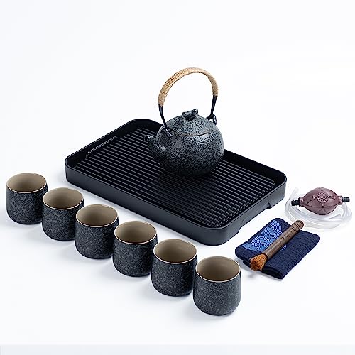 TEANAGOO Complete Japanese Tea Set with tray, Charcoal Grey, China Porcelain Tea Set, 1 Teapot (700ml/25oz) + 6 Tea Cups(205ml/7.2oz),U1, Tea Tray with Drainage Pipe, Asian Tea Set for Adults