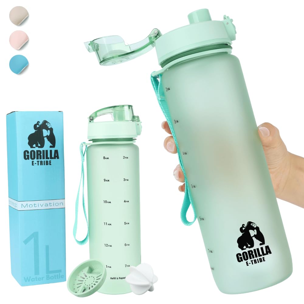 Gorilla E-Tribe Water Bottle 1L with Time Marker - BPA Free & Leak Proof Protein Shaker Bottle Gym - Ideal for Office, School & Hiking