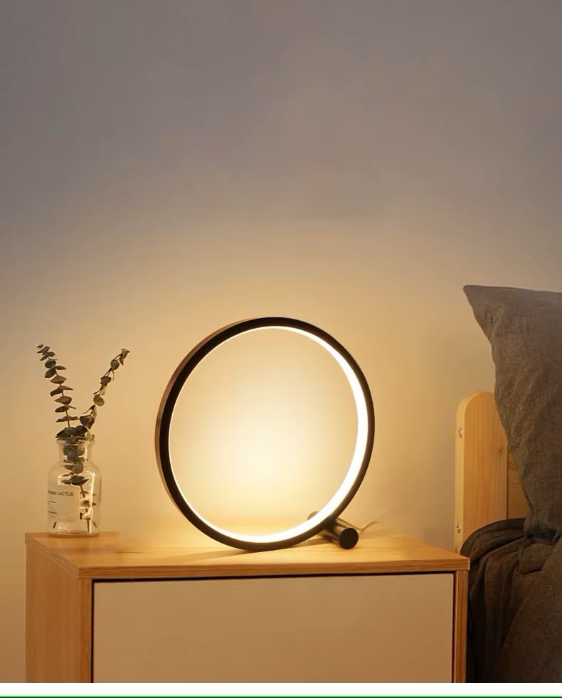 Générique Lampe de Table LED Circulaire, Modèle Cercle 25 cm, Intensité Variable, Port USB 5V, Lumière Blanche, Design Moderne (Noir)