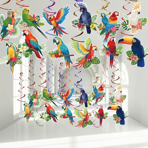Image of 58Pcs Tropical Birds Decorations Tropical Hawaiian Decor Toucan Parrot Party Hanging Swirl Foil Ceiling Decor for Summer Luau Hawaiian Beach Pool Party Tiki Party Birthday Party Supply