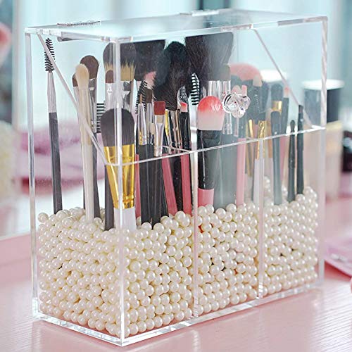 Acrylic Makeup Brush Holder with Dustproof Lid, MUZILAN Large Capacity Acrylic Clear Cosmetic Brush Storage Organizer for Vanity, with 3 Drawers and Pearls