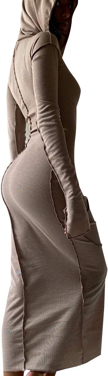 LuFeng Women's Sexy Long Sleeve Bodycon Solid Hoodie Patchwork High Waist Long Dress - Image 3