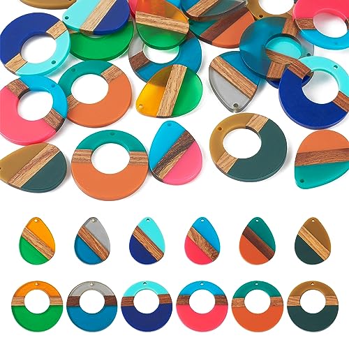 Pandahall 24Pcs Resin Wood Pendants Ring Donut Water Drop Wooden Charms for Dangle Earring Necklace Jewelry Making Findings