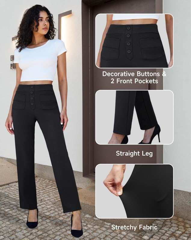 keriffe High Waist Stretchy Womens Dress Pants with Pockets Straight Leg Business Casual Work Trousers Office Slacks - Image 4