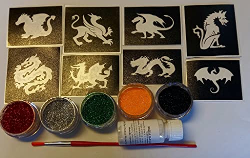 Dragon glitter tattoo set including 30 stencils + 5 glitter colors + glue