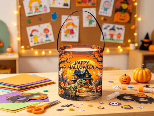 Image of Halloween Bucket for Trick or Treat Kids Halloween Pumpkin Bucket Halloween Candy Snack Baskets Pumpkin Halloween Party Decoration (Ghost Dinosaur)