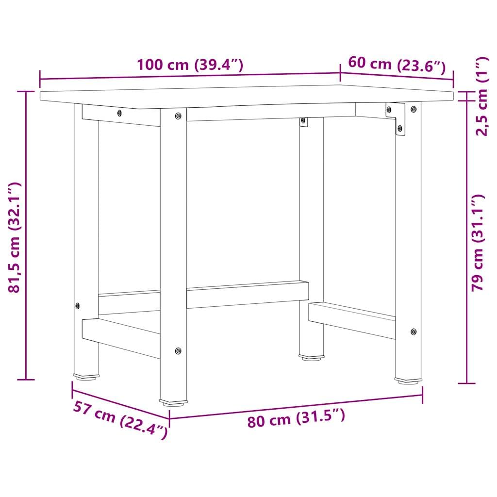 Banco de trabajo de madera maciza de roble 100 x 60 x 81,5 cm con estructura de metal pulverizado, gran mesa de trabajo para taller, sala de ocio, garaje, mesa de trabajo versátil con placa de