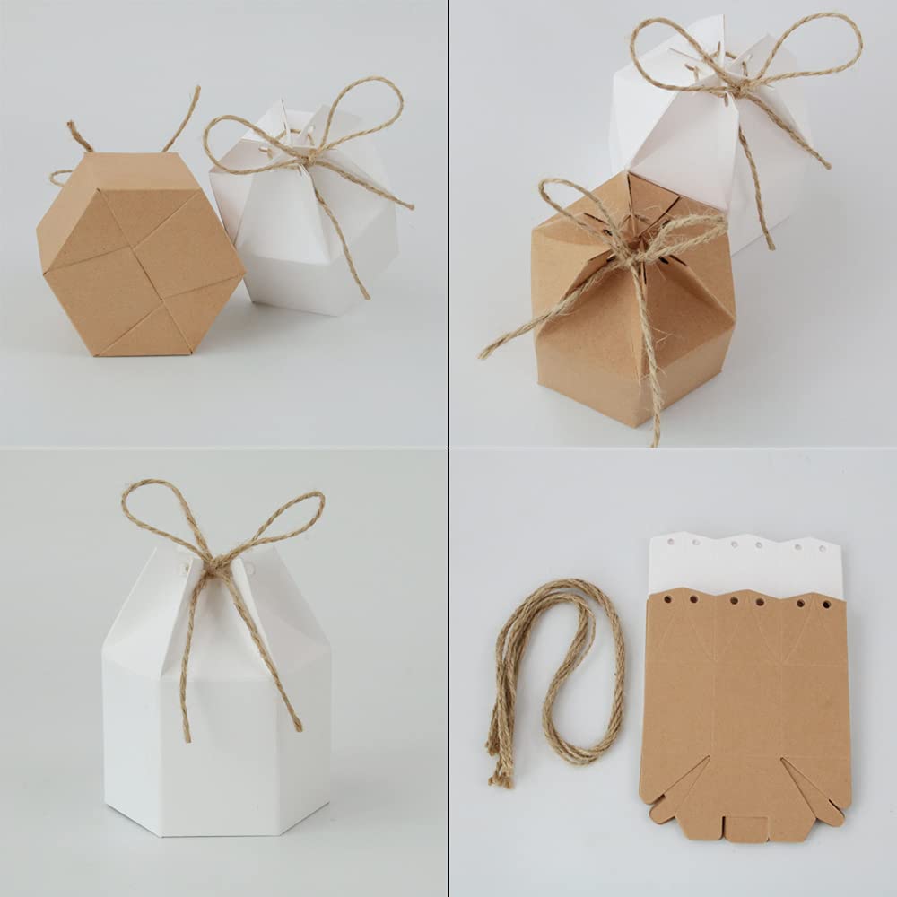 50 Boîtes Cadeaux Kraft Hexagonales - Avec Ficelle Et Étiquettes - Pour Mariage, Bonbons, Fêtes