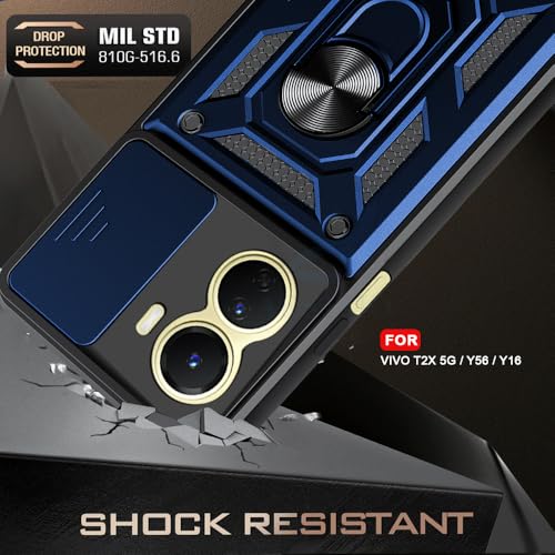 Image of AESTMO Tough Armor Vivo T2X 5G / Y56 5G / Y16 Bumper Back Case Cover | Ring Holder & Sliding Camera Shield Cover | 360 Degree Protection Back Case Cover for Vivo T2X 5G / Y56 5G / Y16 (Blue)