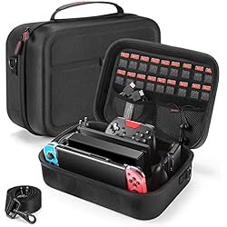 Maletin Nintendo Switch Original Bestico Funda para Nintendo Switch y Switch OLED, Estuche Rígido de Transporte de Viaje para Consola Switch, La Base de la Switch, Adaptador AC, Joy con Grip, Pro Controller y 18 Cartuchos de Juegos