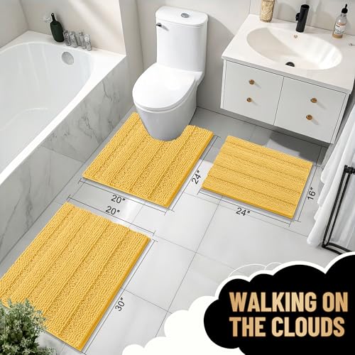 Image of OLANLY Thick Bathroom Runner Rugs 47x17, Extra Absorbent Chenille Striped Bath Rugs, Rubber Backing, Machine Wash Dry, Long Bath Mats for Bathroom Floor, Tub and Shower, Home Decor Accessories, Yellow