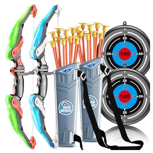 2 Pack Set Bow and Arrow Archery Toy Set for Kids, LED Light Up Archery Set with 2 Bow 20 Suction Cup Arrows 2 Target & 2 Quiver, Outdoor Toys Archery Set for Kids Boys & Girls Ages 3-12 Years Old