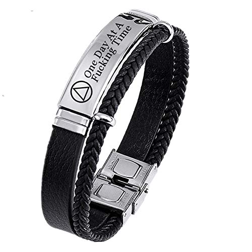 Personalized AA NA Sobriety Gifts for Women Men,Stainless Steel Leather Narcotics Alcoholics Anonymous Addiction Bracelets Bangle,Inspired One Day at A Time Sober Recovery Jewelry for Her Him