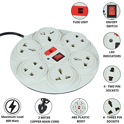 Image of Digiway ABS Round Power Strip 8+1 Extension Cord || Board with Master Switch, Indicator || 8 International sockets || 4-Two Pin Socket, 4-Three Pin Socket || 2 Meter Cord Wire (Beige Pack of 1)
