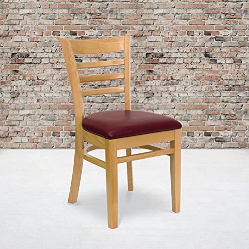 Image of Flash Furniture HERCULES Series Ladder Back Natural Wood Restaurant Chair - Burgundy Vinyl Seat