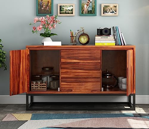 Image of Solid Sheesham Wood Wooden Sideboard Storage Cabinet : Ideal for Living Room and Bedroom with 3 Drawers and 2-Shelf Storage (Ray, Honey Finish)