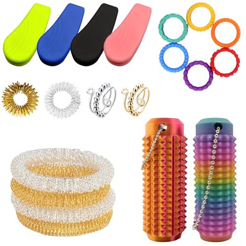 20 Stück Skills Set - 2 Verstellbare Anti Stress Ring 2 Akupressur Ring 4 Massage Armbände 2 Acupressure Balls mit 6 sensorisches ring Anxiety Ring Geeignet für Massage und Stressabbau