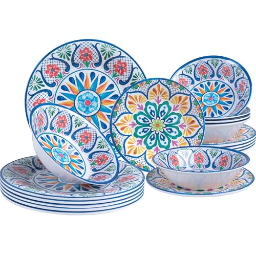 ZAROCRUS 18 Pieces Melamine Dinnerware Sets, Service for 6, Paisley Kitchen Plates and Bowls Set, Unbreakable & Lightweight Dinnerware Set, Camping Dishs Indoor Outdoor Use, Spanish Floral Pattern