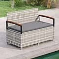 RELAX4LIFE Wicker Outdoor Storage Bench, Rattan Deck Box w/Protective Liner for Patio Furniture Pillows & Garden Tools, Porch Loveseat with Seat Cushion, Acacia Wood Armrests (Grey)