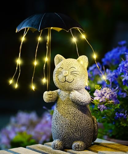 Yeomoo Cat Garden Ornaments with Umbrella & Solar String Lights - Waterproof Resin Statue for Yard Porch Patio Lawn - Birthday Gifts for Women Mum Men Grey
