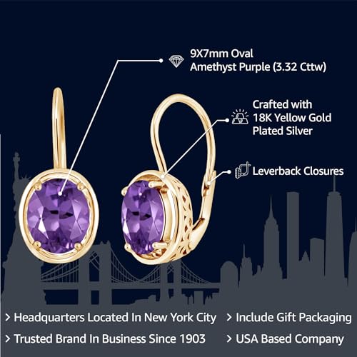 Gem Stone King 18K Yellow Gold Plated Silver Purple Amethyst Earrings | 3.32 Cttw | Oval Dangle Earrings For Women | Gemstone Birthstone | Oval 9X7MM2