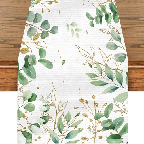 Eucalyptus Table Runner, Spring Green Floral Leaves Linen Table Decor for Farmhouse Kitchen Dining, Wedding Holiday Party Decoration, 13×70 Inches