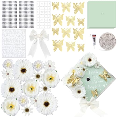 Gersoniel DIY Graduation Cap Decorations Kit 3 Construction Paper 15 Faux Assorted Flowers 3D Butterfly Pearl Rhinestone Bow Glitter Letter Stickers for DIY Hat Grad Cap Topper(Green) by Gersoniel - Used condition - Image 7