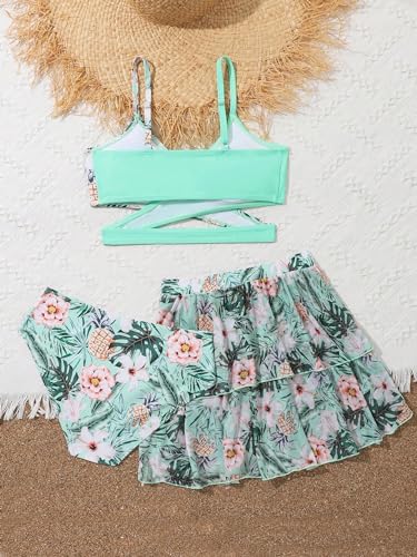 SweatyRocks Girl's Tropical Print Criss Cross Wrap Bikini Swimsuit with Beach Skirt Casual 3 Piece Bathing Suit2