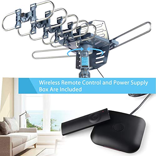 CeKay Digital Outdoor Amplified HD TV Antenna Motorized 360 Degree Rotation 200 Miles with 40FT RG6 Coax Cable and Mounting Pole Snap-On Installation - UHF/VHF/1080P/4K