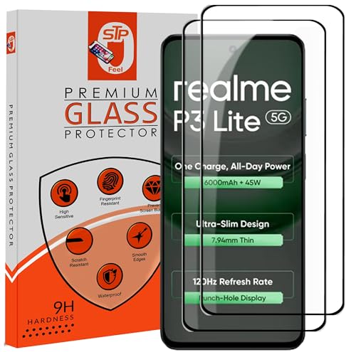 Image of STP FEEL Premium HD+ Tempered Glass Screen Protector Guard Compatible For Realme P3 Lite 5G (6.67 Inch, Pack of 2) | Edge to Edge Coverage With Easy to installation kit for Smartphone