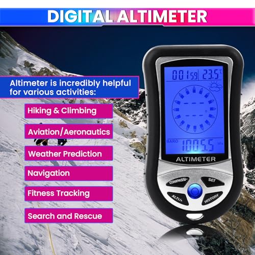 Image of amiciSense Ultra Practical 8 in 1 Digital Compass Altimeter Barometer Thermometer Weather Forecast Time Height Gauge LCD Backlight with 2 AAA Battery (Included)